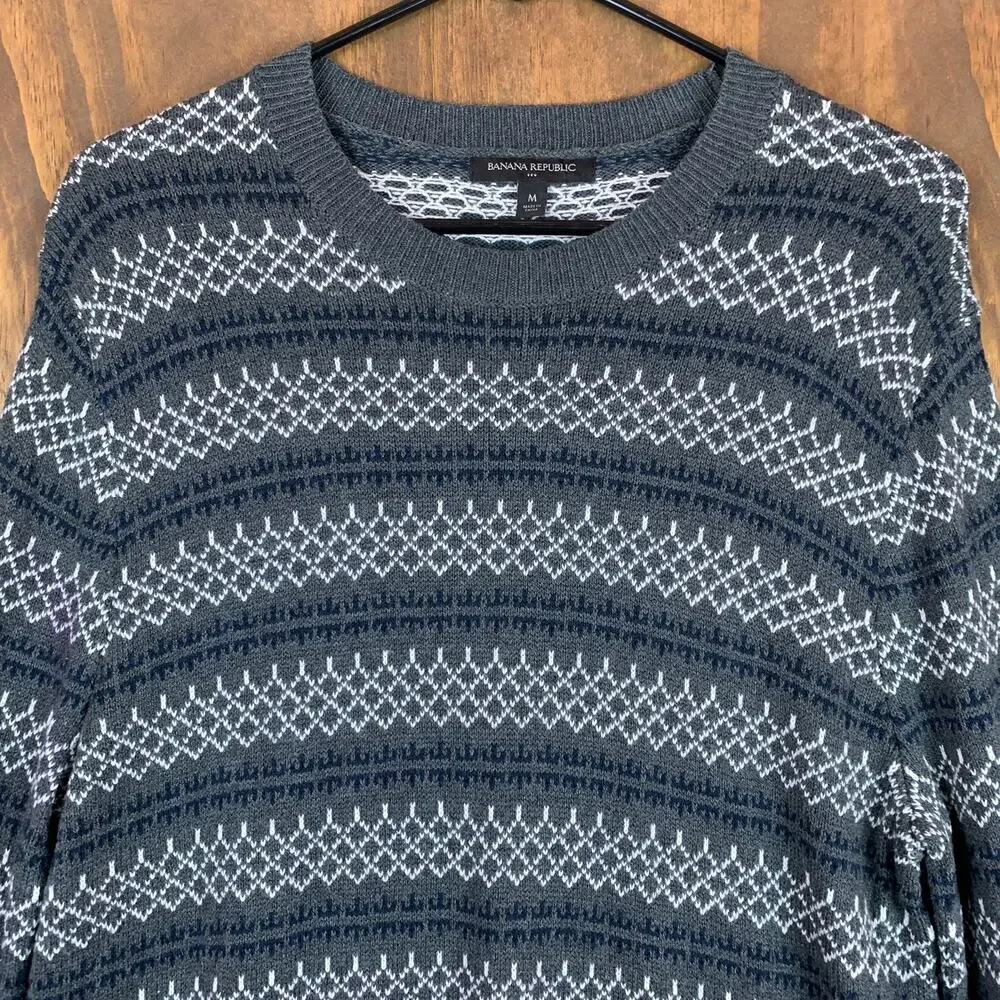 Banana Republic Mens Sweater Gray Blue Crewneck Fair Isle Wool Blend Pullover M